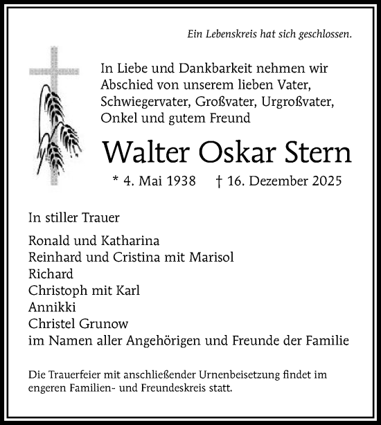 Traueranzeige von Walter Oskar Stern von Tagesspiegel