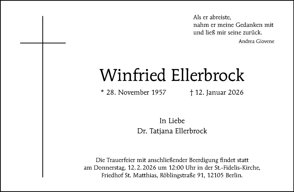  Traueranzeige für Winfried Ellerbrock vom 24.01.2026 aus Tagesspiegel