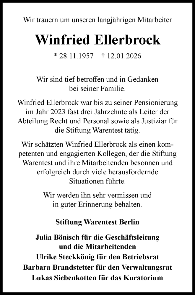  Traueranzeige für Winfried Ellerbrock vom 24.01.2026 aus Tagesspiegel
