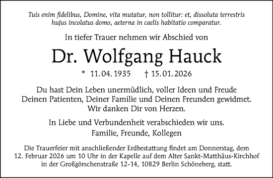 Traueranzeige von Wolfgang Hauck von Tagesspiegel