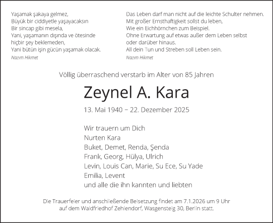 Traueranzeige von Zeynel A. Kara von Tagesspiegel