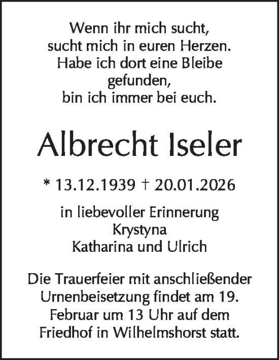 Traueranzeige von Albrecht Iseler von Tagesspiegel