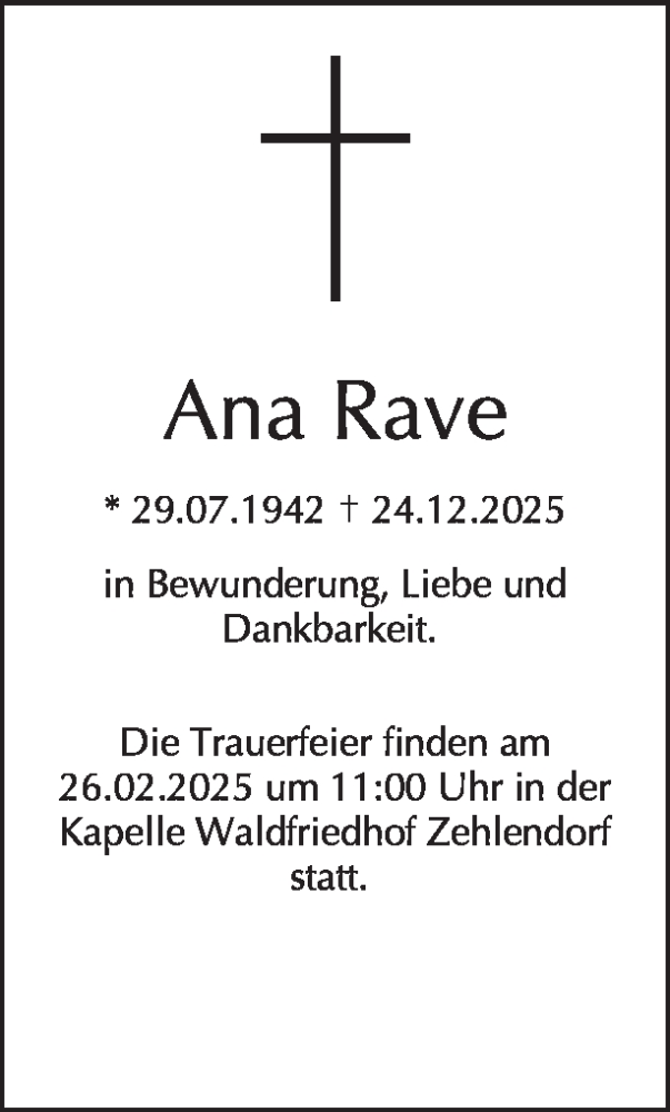  Traueranzeige für Ana Rave vom 03.02.2026 aus Tagesspiegel