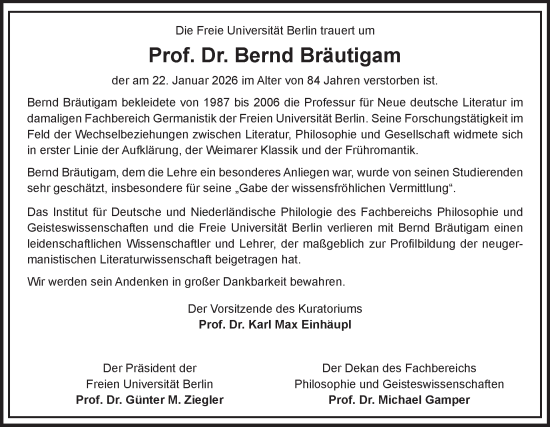 Traueranzeige von Bernd Bräutigam von Tagesspiegel