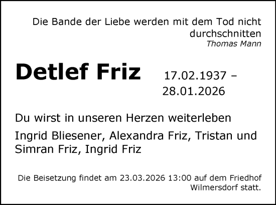 Traueranzeige von Detlef Friz von Tagesspiegel