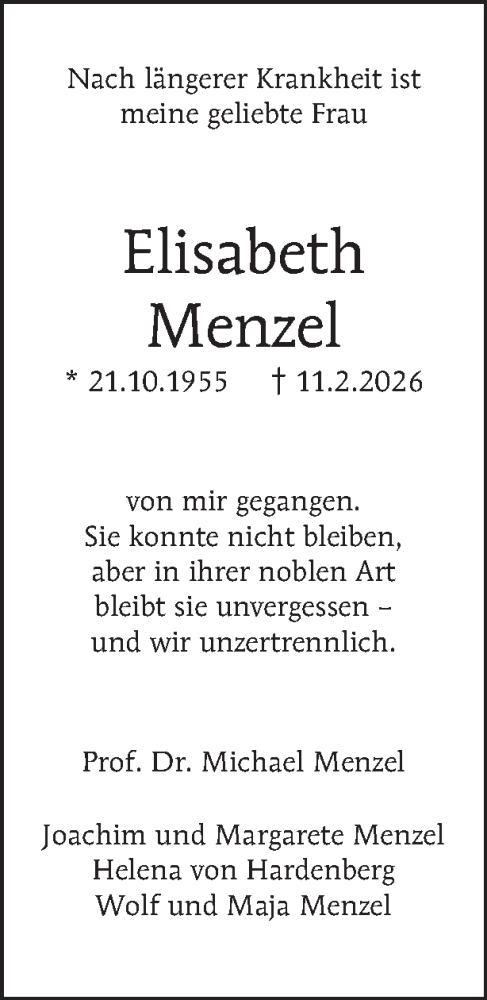 Traueranzeige von Elisabeth Menzel von Tagesspiegel