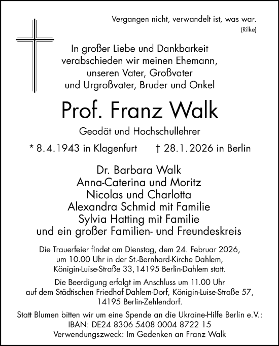 Traueranzeige von Franz Walk von Tagesspiegel