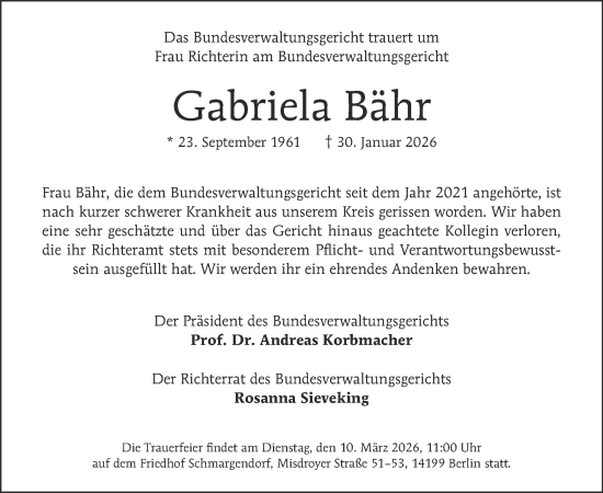 Traueranzeige von Gabriela Bähr von Tagesspiegel