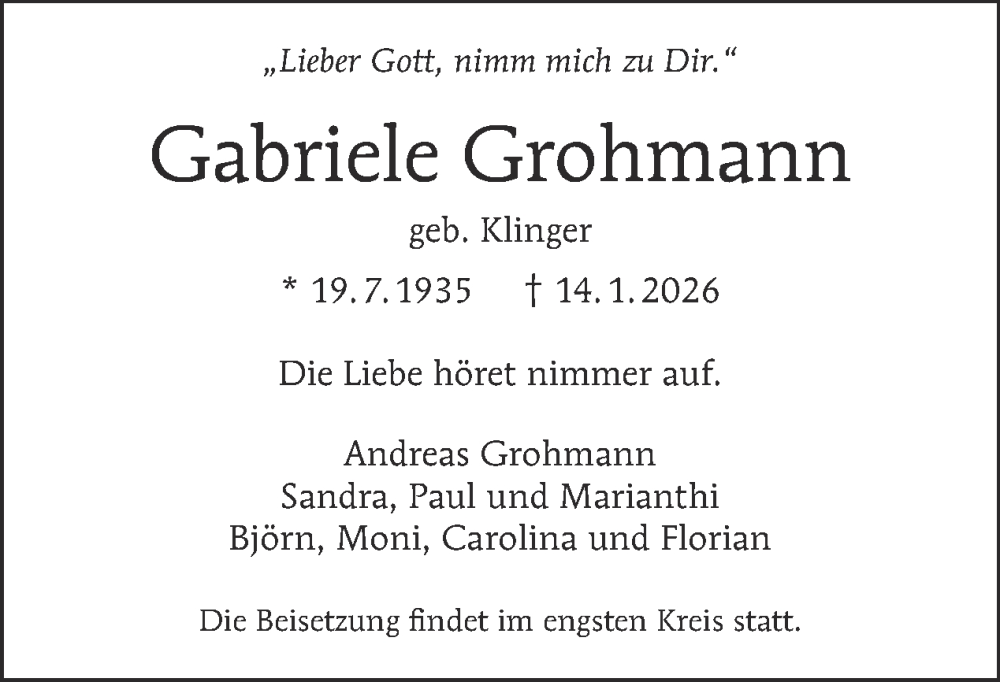  Traueranzeige für Gabriele Grohmann vom 07.02.2026 aus Tagesspiegel