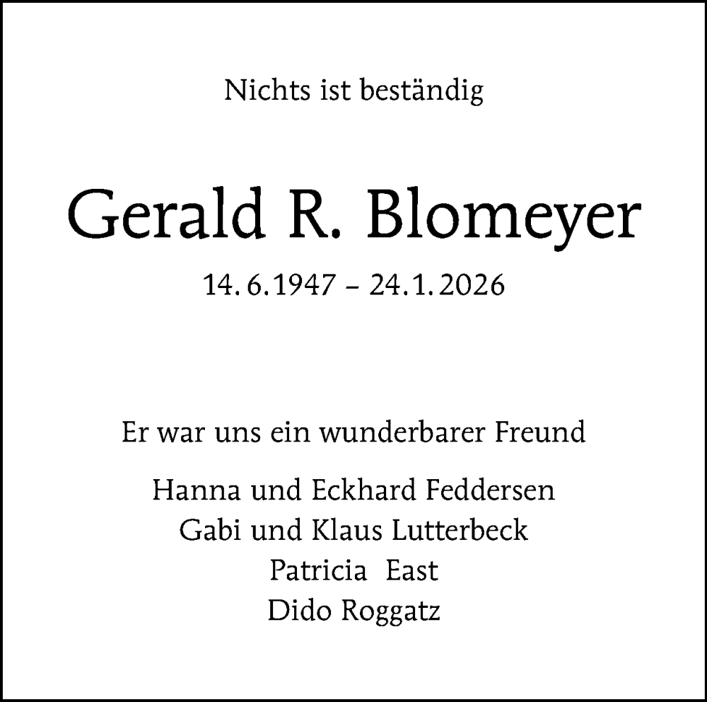  Traueranzeige für Gerald R. Blomeyer vom 07.02.2026 aus Tagesspiegel