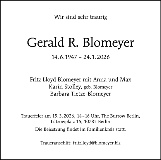 Traueranzeige von Gerald R. Blomeyer von Tagesspiegel