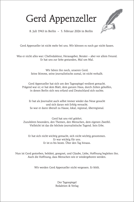 Traueranzeige von Gerd Appenzeller von Tagesspiegel