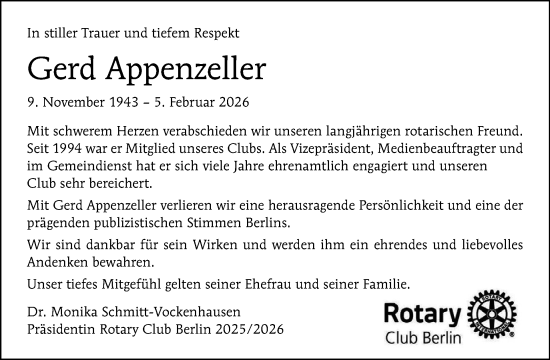 Traueranzeige von Gerd Appenzeller von Tagesspiegel