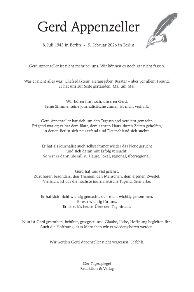  Traueranzeige für Gerd Appenzeller vom 14.02.2026 aus Tagesspiegel