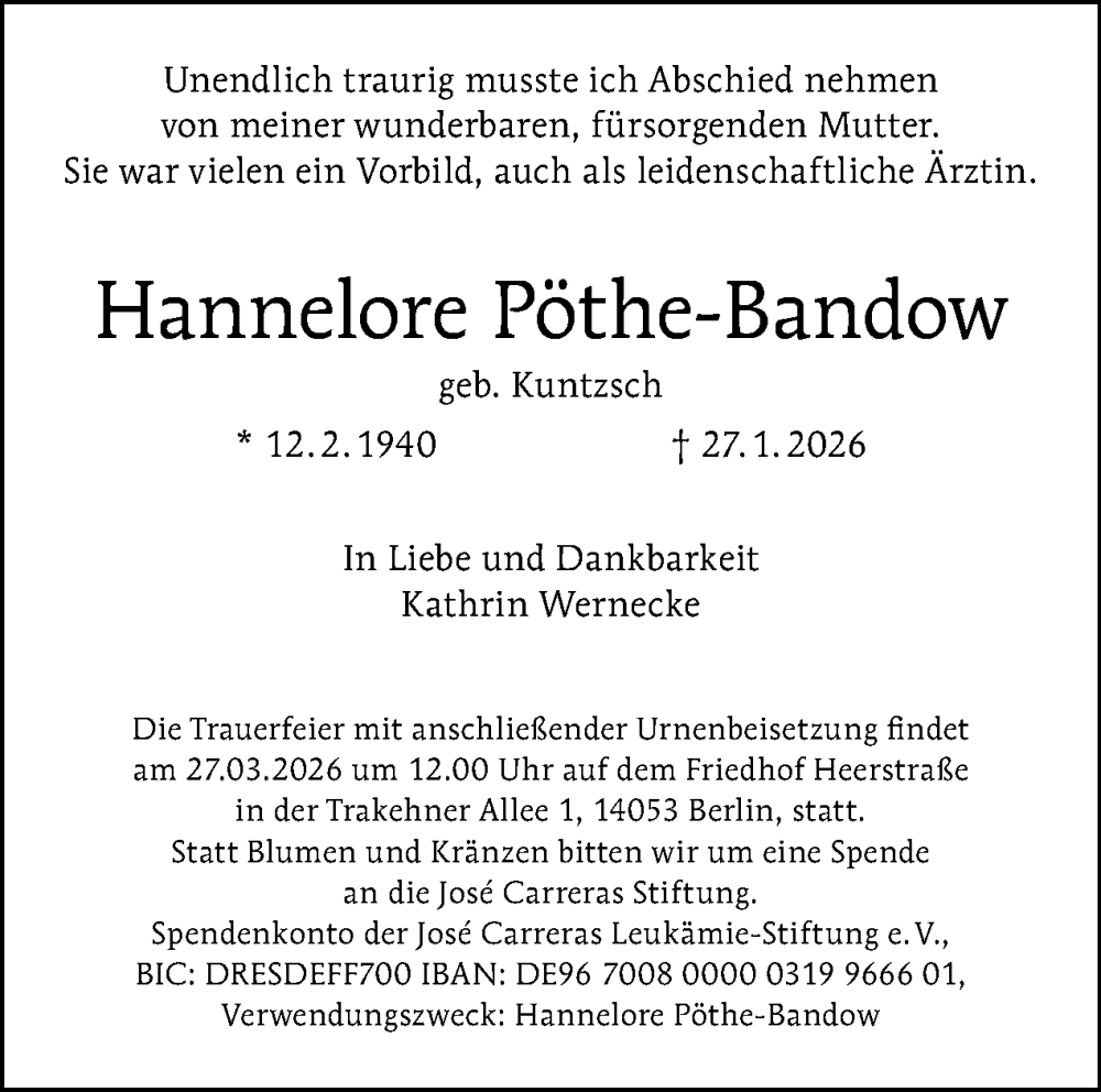  Traueranzeige für Hannelore Pöthe-Bandow vom 07.02.2026 aus Tagesspiegel