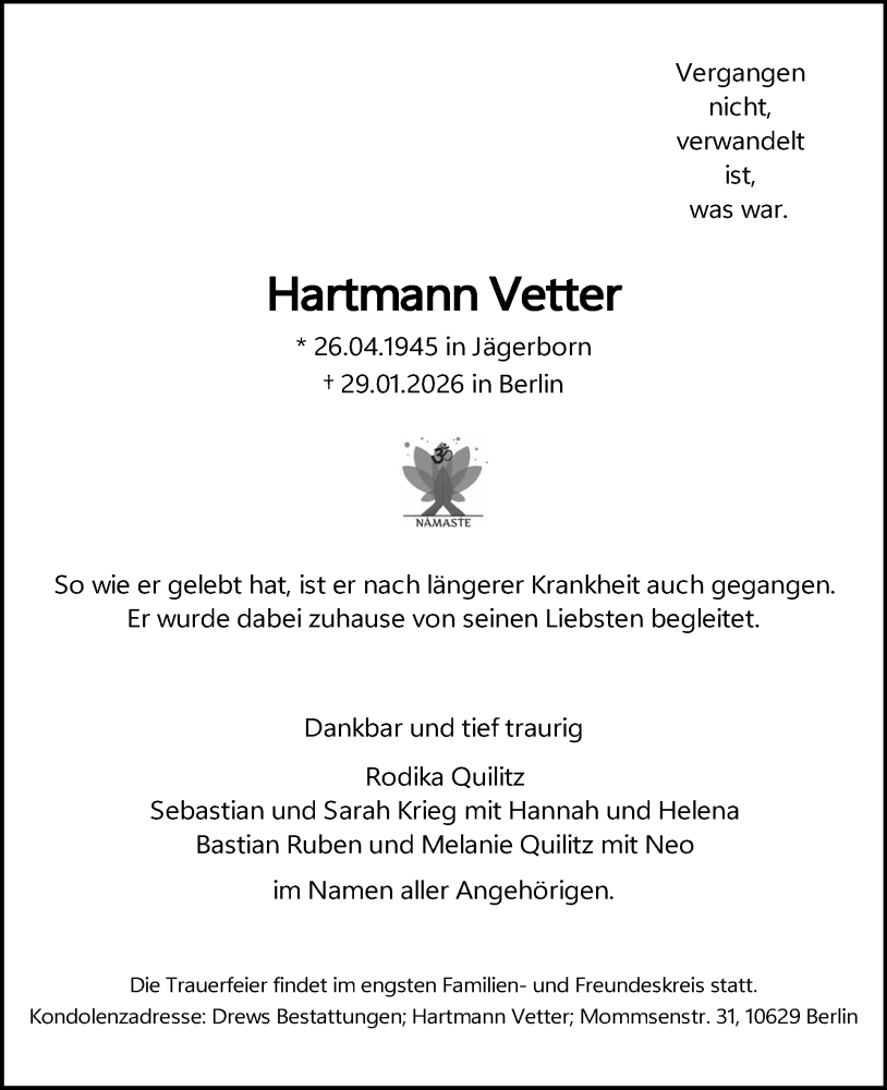  Traueranzeige für Hartmann Vetter vom 07.02.2026 aus Tagesspiegel
