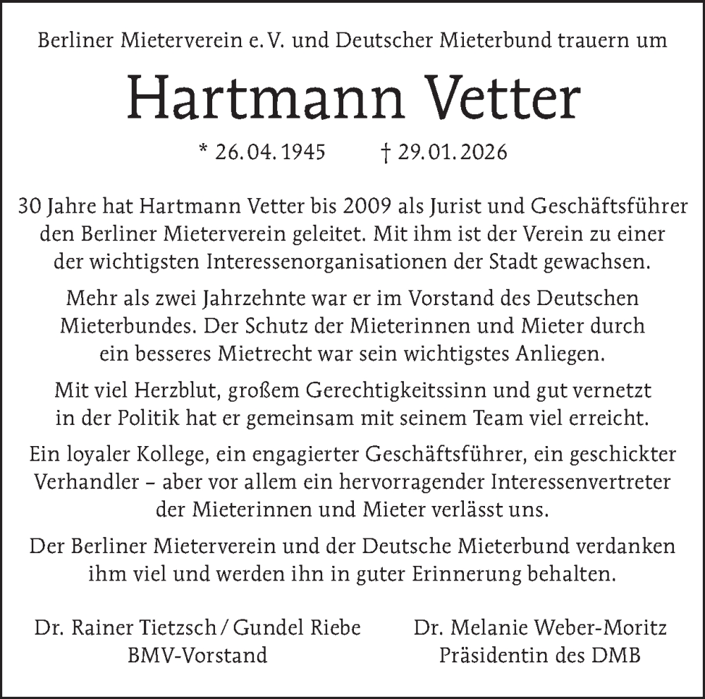  Traueranzeige für Hartmann Vetter vom 07.02.2026 aus Tagesspiegel