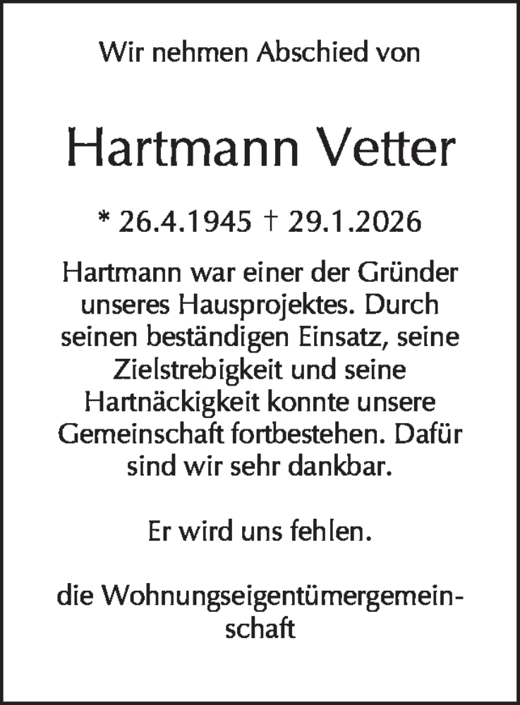  Traueranzeige für Hartmann Vetter vom 07.02.2026 aus Tagesspiegel
