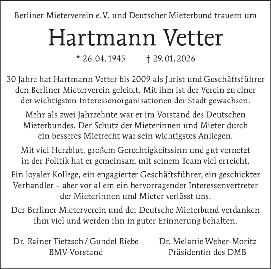 Traueranzeige von Hartmann Vetter von Tagesspiegel