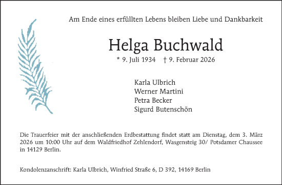 Traueranzeige von Helga Buchwald von Tagesspiegel