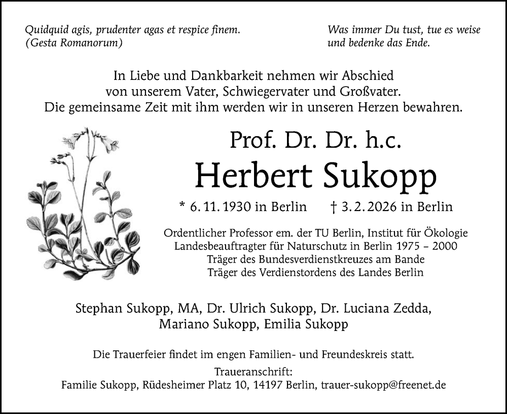 Traueranzeige für Herbert Sukopp vom 07.02.2026 aus Tagesspiegel