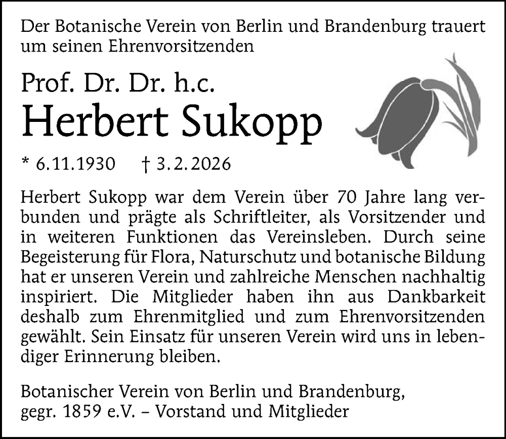  Traueranzeige für Herbert Sukopp vom 07.02.2026 aus Tagesspiegel