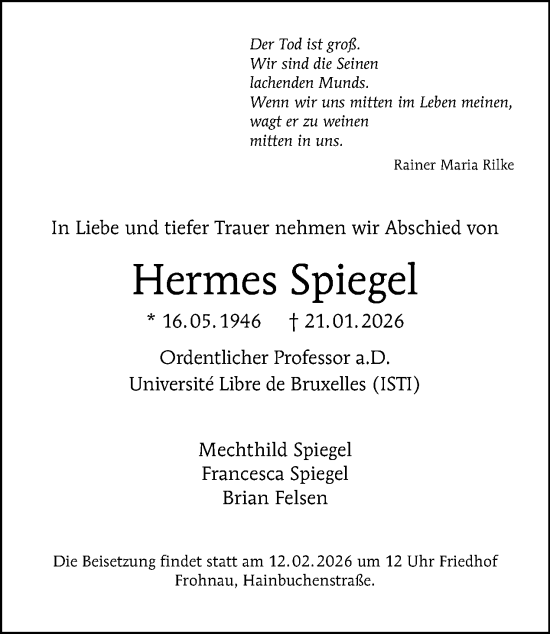 Traueranzeige von Hermes Spiegel von Tagesspiegel