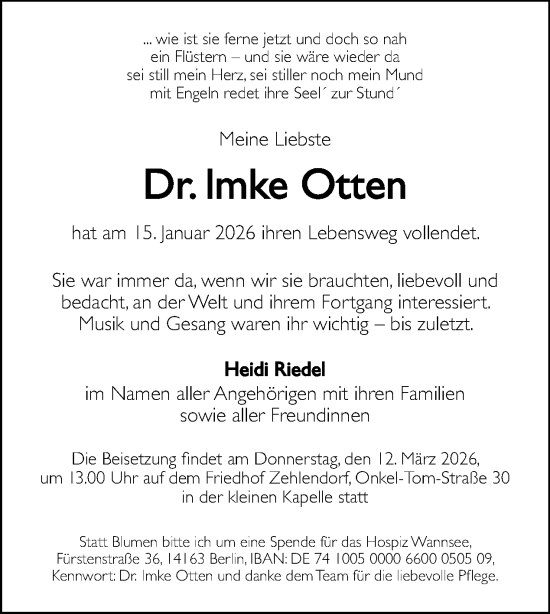Traueranzeige von Imke Otten von Tagesspiegel