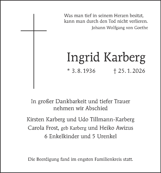 Traueranzeige von Ingrid Karberg von Tagesspiegel