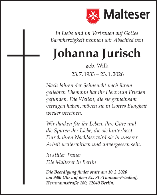Traueranzeige von Johanna Jurisch von Tagesspiegel
