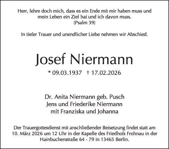 Traueranzeige von Josef Niermann von Tagesspiegel