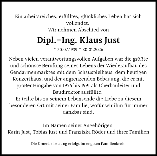 Traueranzeige von Klaus Just von Tagesspiegel
