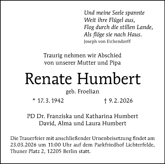 Traueranzeige von Renate Humbert von Tagesspiegel