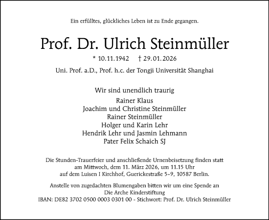 Traueranzeige von Ulrich Steinmüller von Tagesspiegel