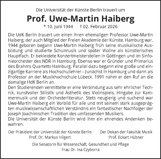 Traueranzeige von Uwe-Martin Haiberg von Tagesspiegel