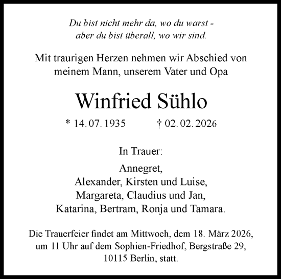 Traueranzeige von Winfried Sühlo von Tagesspiegel
