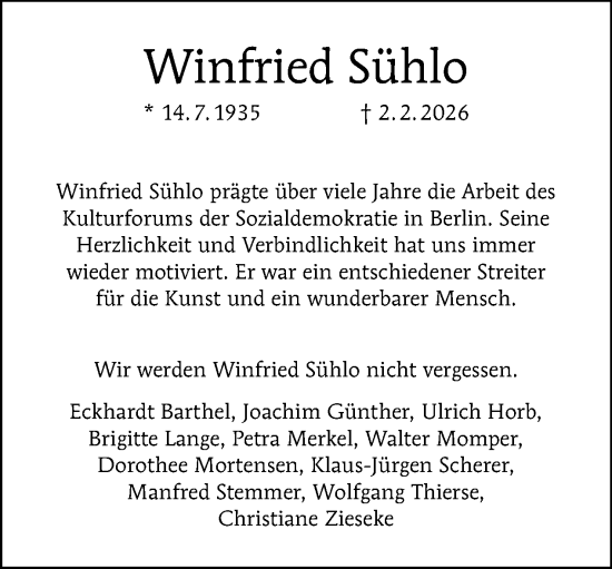 Traueranzeige von Winfried Sühlo von Tagesspiegel