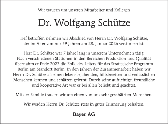Traueranzeige von Wolfgang Schütze von Tagesspiegel